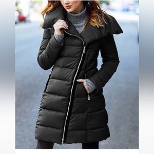 Tahari Brooklyn Hooded Asymmetrical Zip Down Puffer Coat Sz M Black  NWT$350